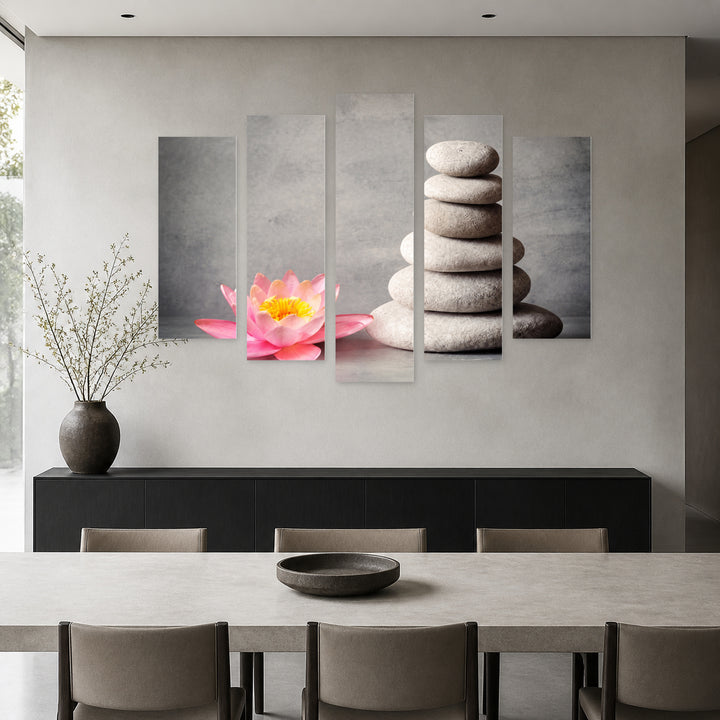 Stone Tower and Pink Lily in Serene Light — five-panel wall art in frontal interior | 5wallart 57124 M3