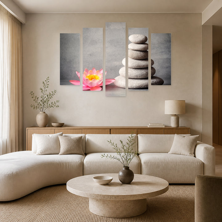 Stone Tower and Pink Lily in Serene Light — five-panel wall art in alternate frontal interior | 5wallart 57124 M4