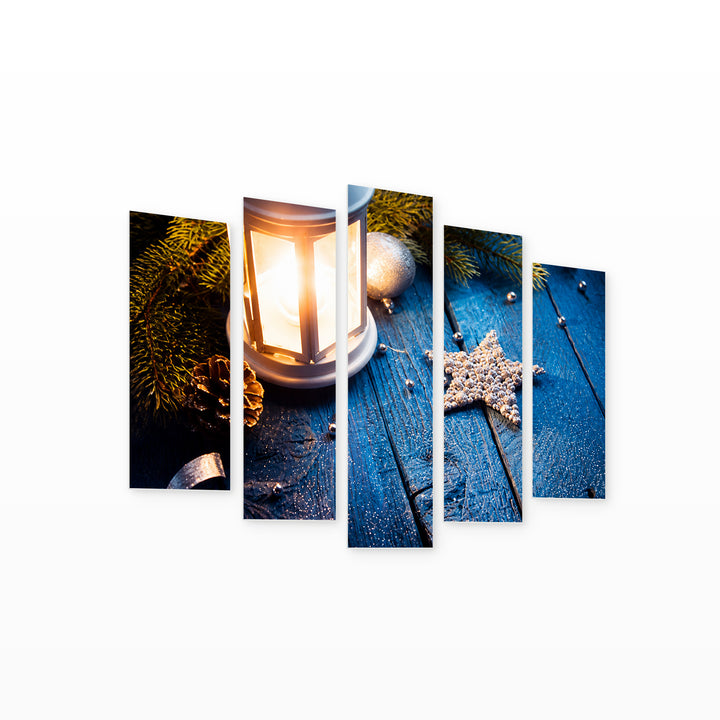 Christmas Lantern at Night with Dramatic Contrast — five-panel wall art on white background in perspective | 5wallart 57125 M1