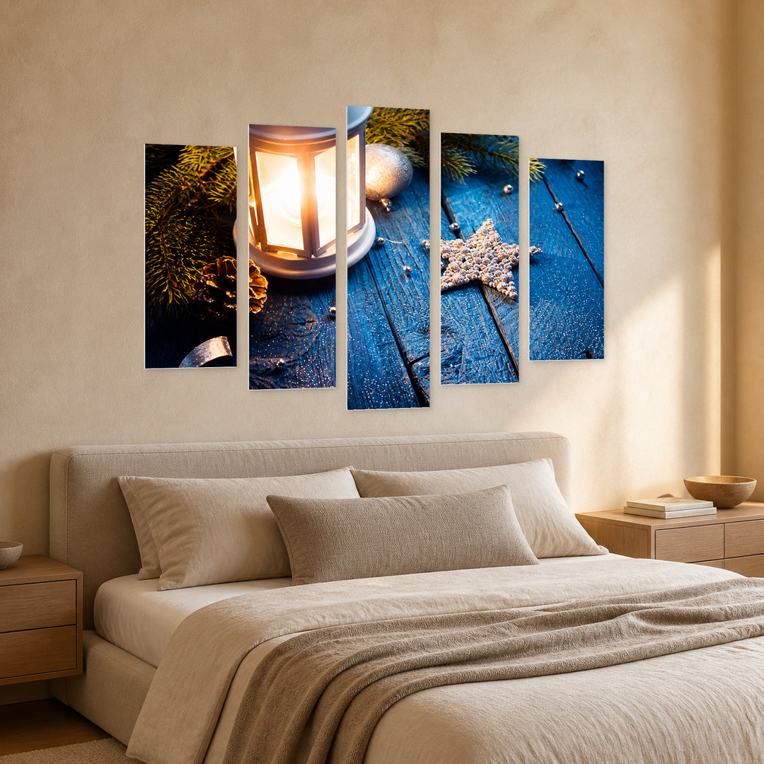 Christmas Lantern at Night with Dramatic Contrast — five-panel wall art in perspective interior | 5wallart 57125 M2