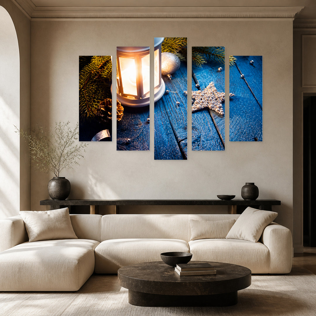 Christmas Lantern at Night with Dramatic Contrast — five-panel wall art in frontal interior | 5wallart 57125 M3