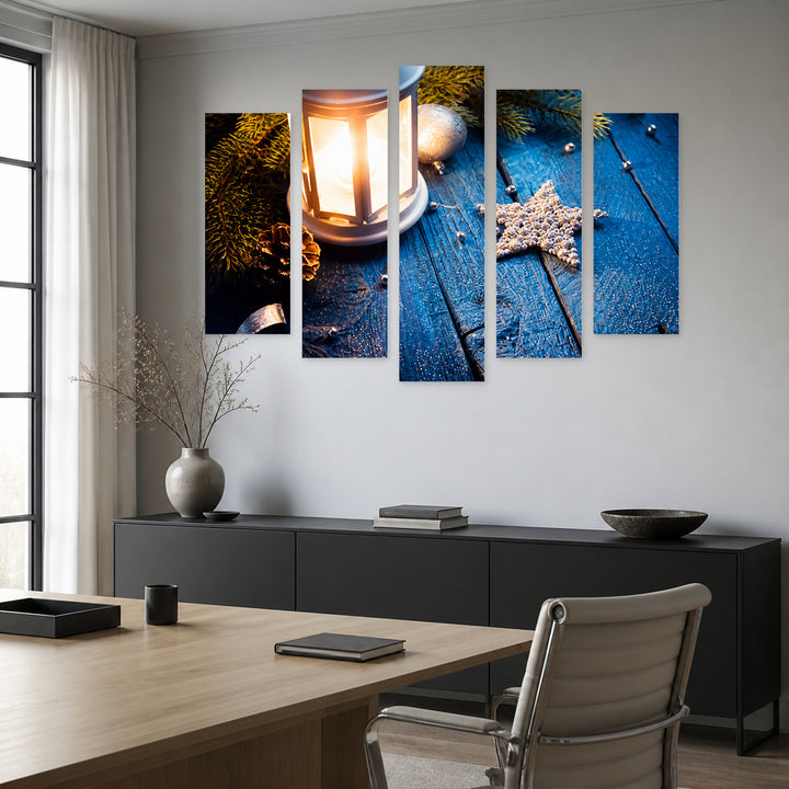 Christmas Lantern at Night with Dramatic Contrast — five-panel wall art in alternate frontal interior | 5wallart 57125 M4