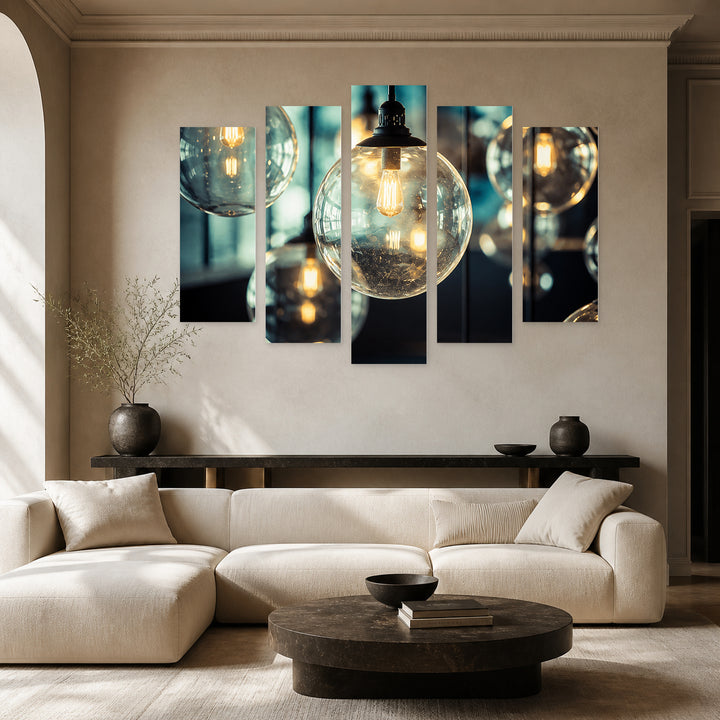 Lamps Modern Composition — five-panel wall art in alternate frontal interior | 5wallart 57126 M4