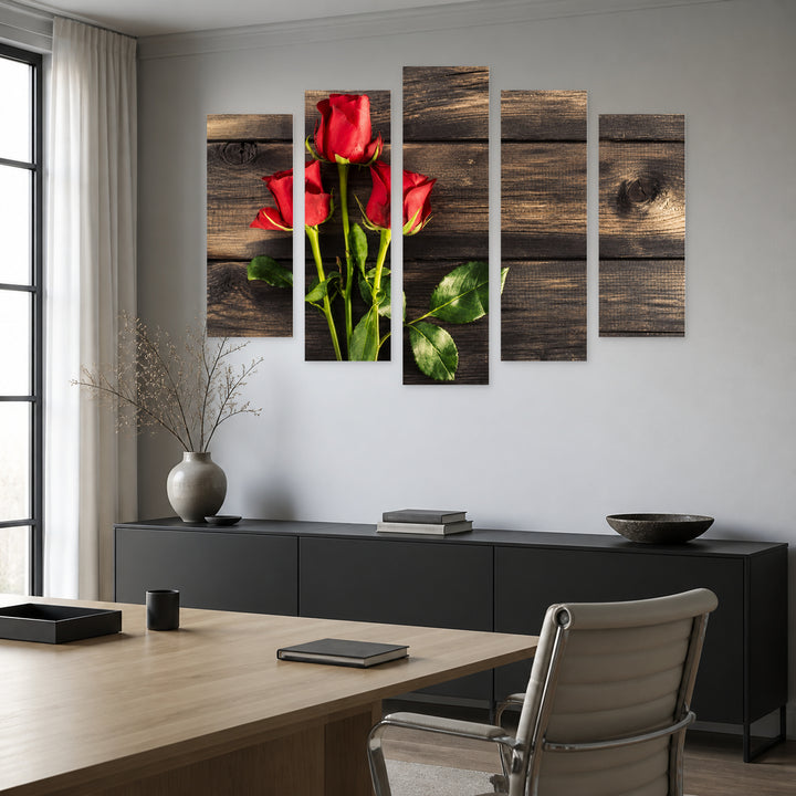 Roses on Wooden Background in Serene Light — five-panel wall art in frontal interior | 5wallart 57128 M3