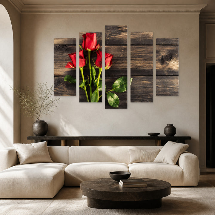 Roses on Wooden Background in Serene Light — five-panel wall art in alternate frontal interior | 5wallart 57128 M4
