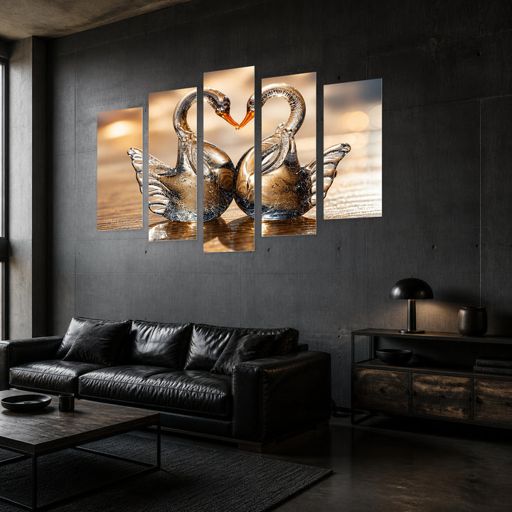 Glass Swans with Dreamlike Atmosphere — five-panel wall art in perspective interior | 5wallart 57130 M2