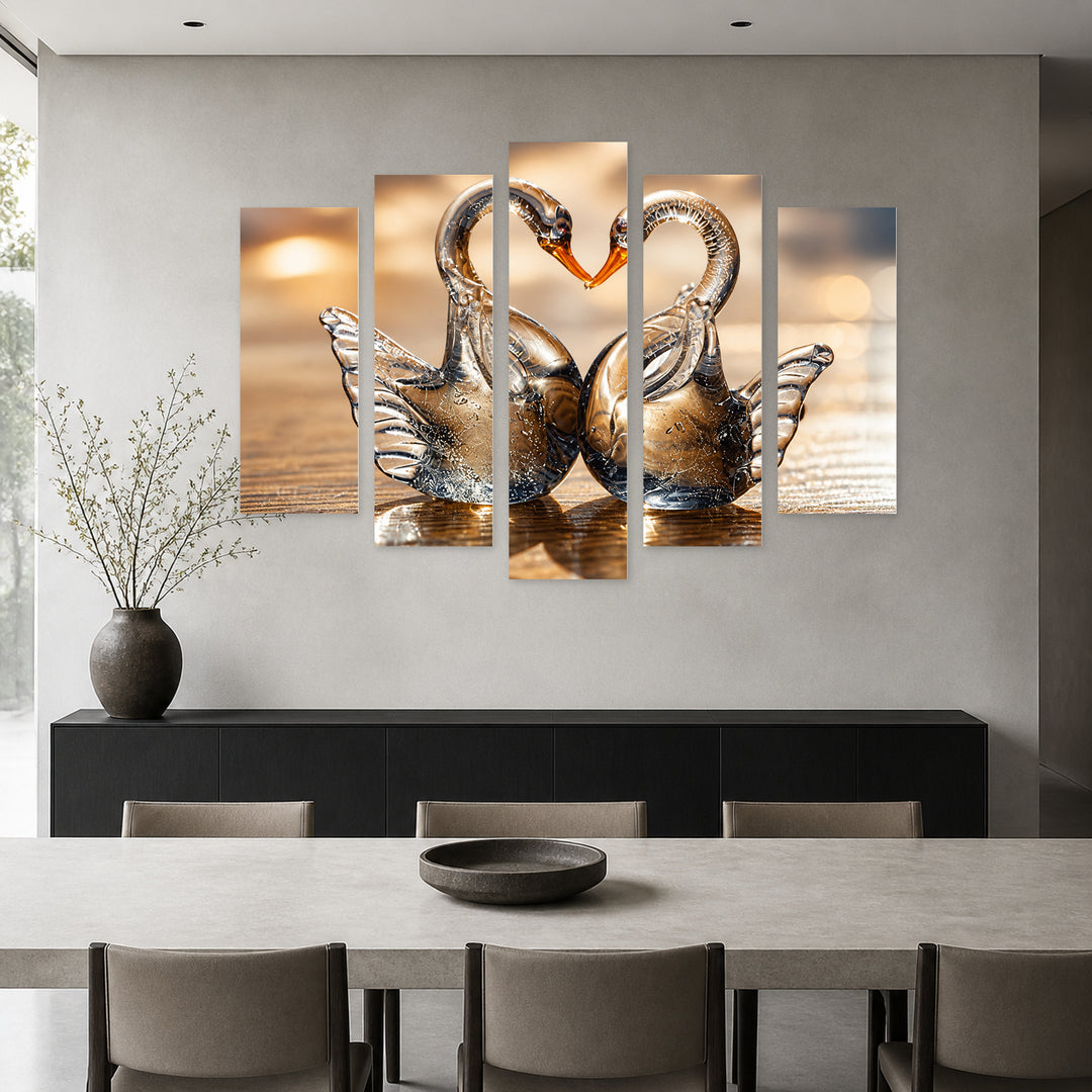 Glass Swans with Dreamlike Atmosphere — five-panel wall art in frontal interior | 5wallart 57130 M3