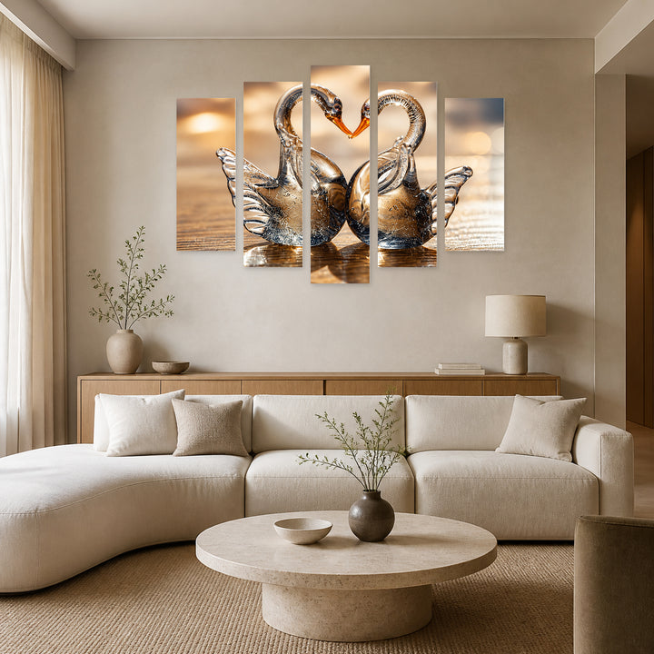 Glass Swans with Dreamlike Atmosphere — five-panel wall art in alternate frontal interior | 5wallart 57130 M4