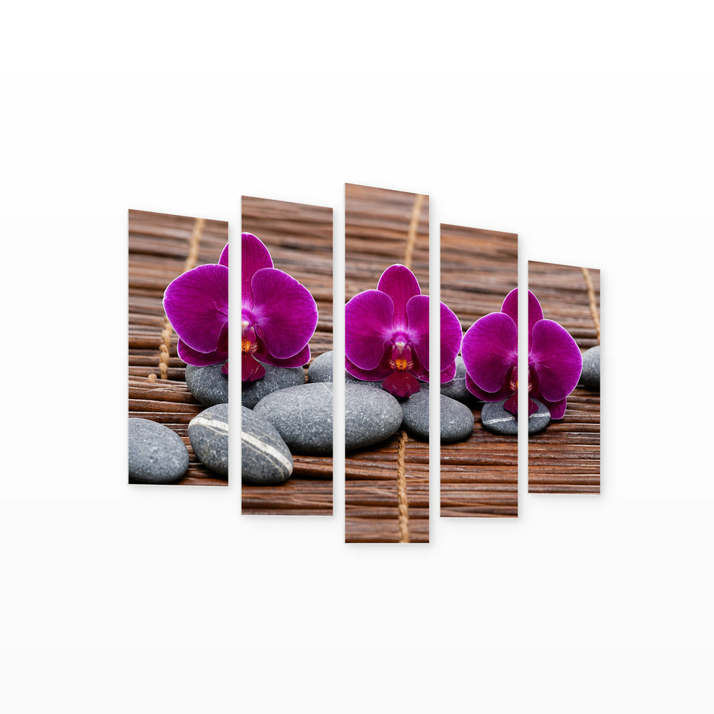 Purple Orchid on Bamboo in Serene Light — five-panel wall art on white background in perspective | 5wallart 57131 M1