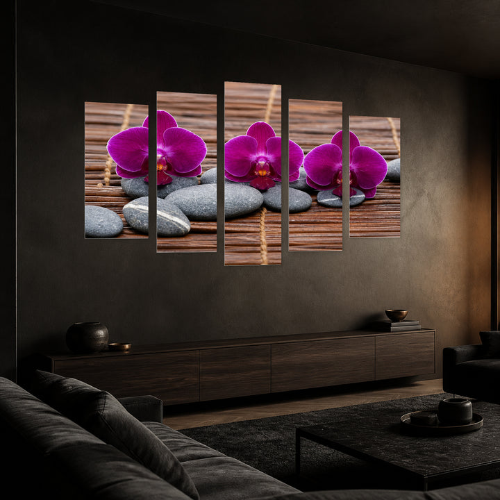 Purple Orchid on Bamboo in Serene Light — five-panel wall art in perspective interior | 5wallart 57131 M2