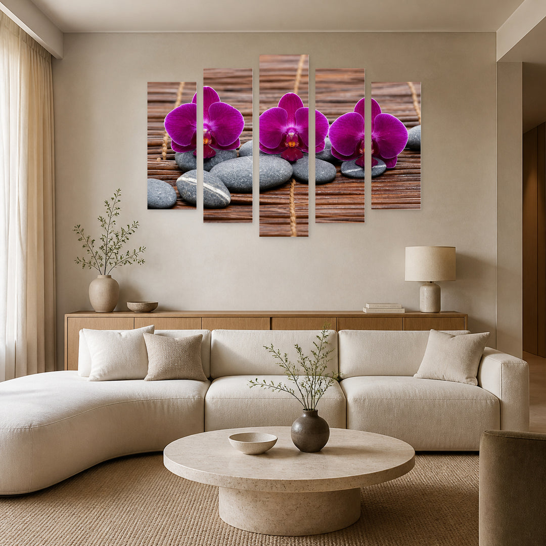 Purple Orchid on Bamboo in Serene Light — five-panel wall art in frontal interior | 5wallart 57131 M3