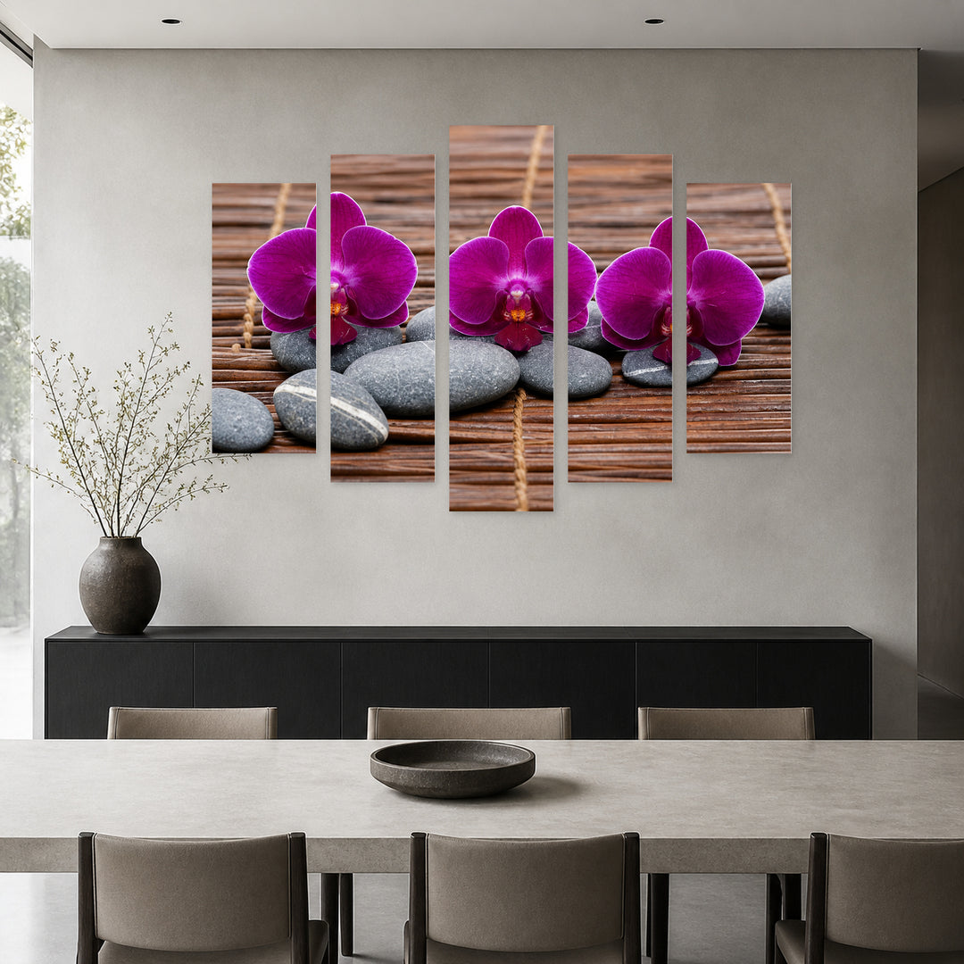 Purple Orchid on Bamboo in Serene Light — five-panel wall art in alternate frontal interior | 5wallart 57131 M4
