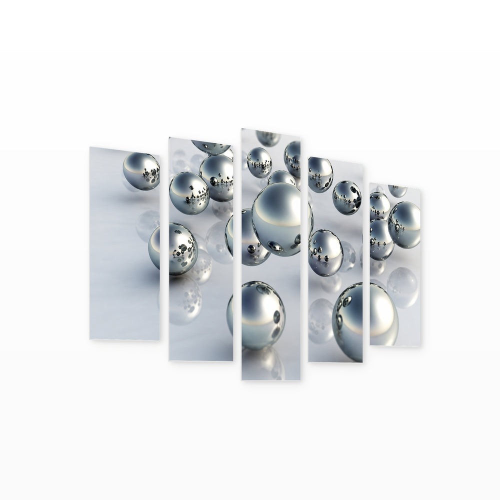 Silver Spheres in Serene Light — five-panel wall art on white background in perspective | 5wallart 57136 M1