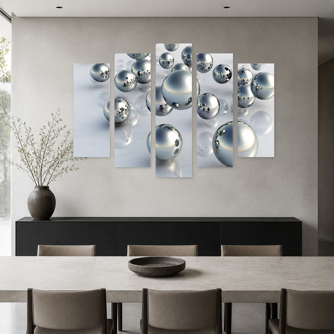 Silver Spheres in Serene Light — five-panel wall art in frontal interior | 5wallart 57136 M3