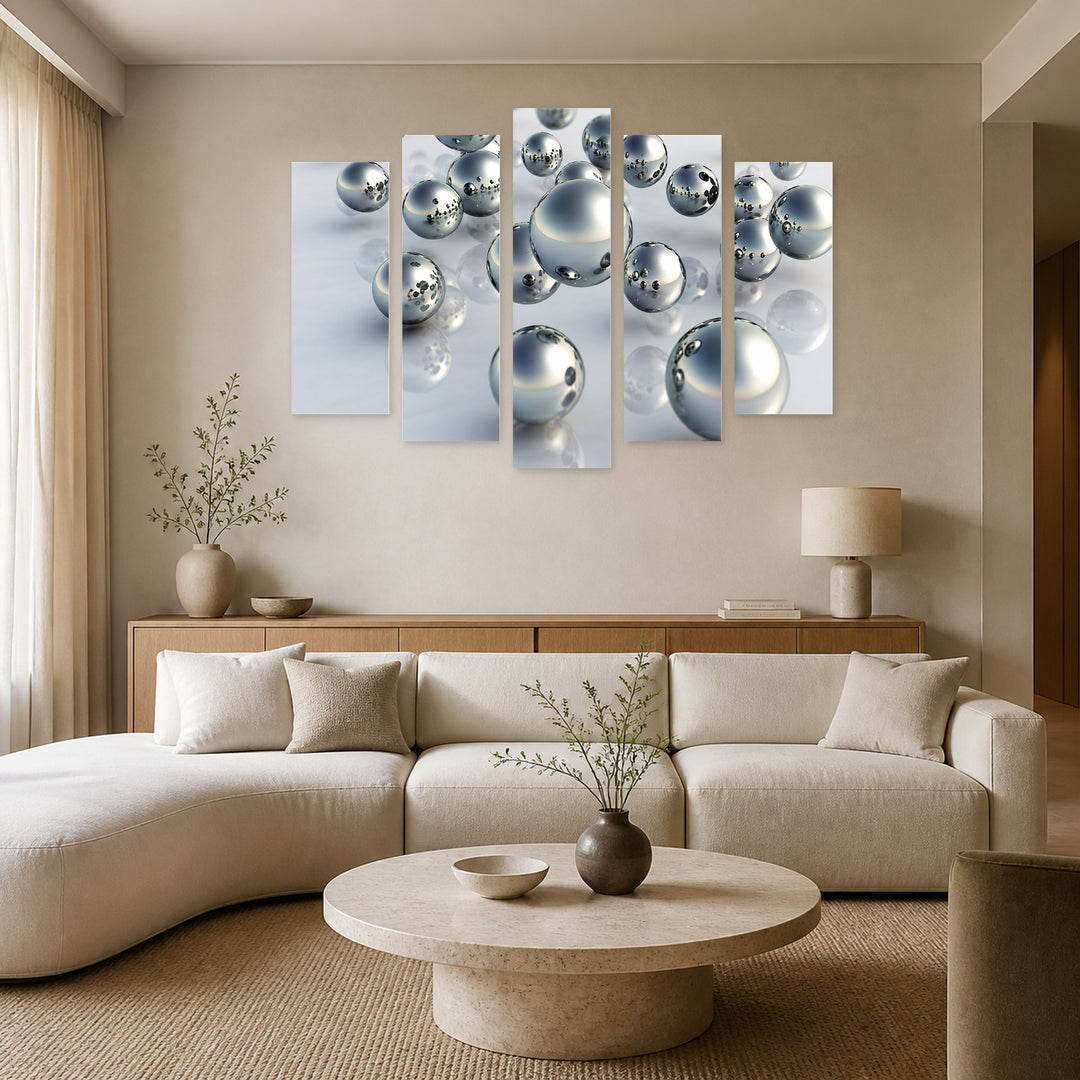 Silver Spheres in Serene Light — five-panel wall art in alternate frontal interior | 5wallart 57136 M4