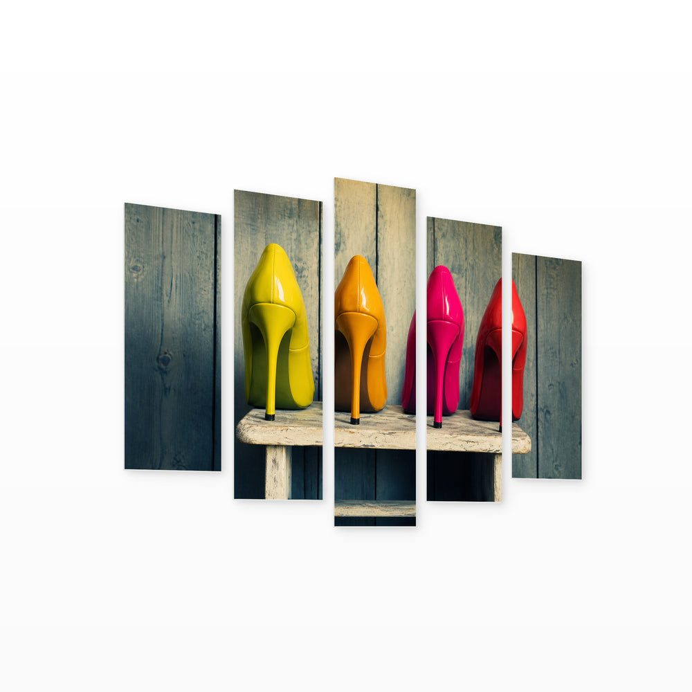 Colorful Shoes at Night — five-panel wall art on white background in perspective | 5wallart 57137 M1