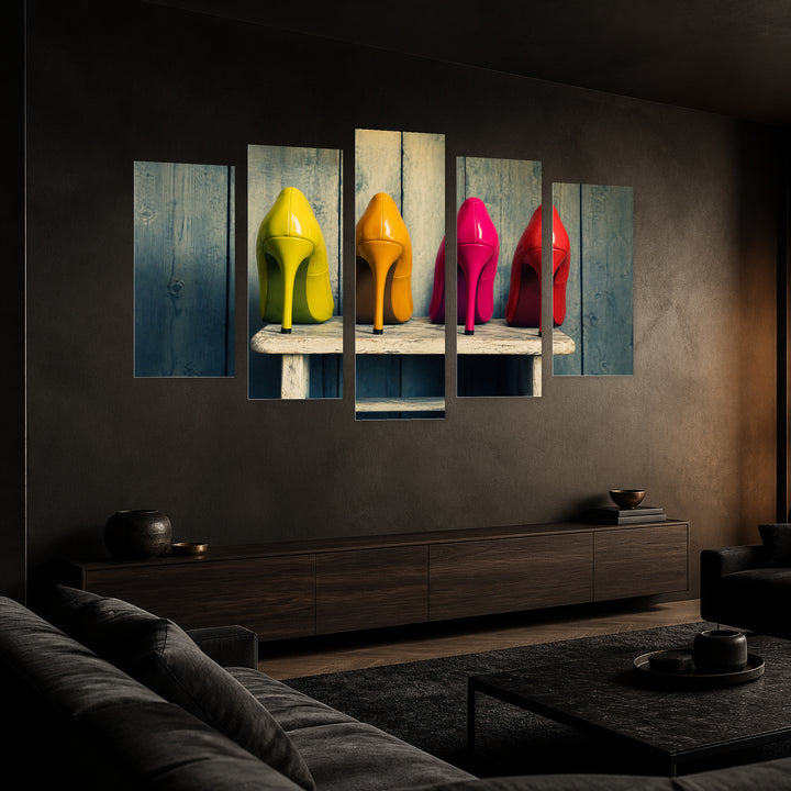 Colorful Shoes at Night — five-panel wall art in perspective interior | 5wallart 57137 M2
