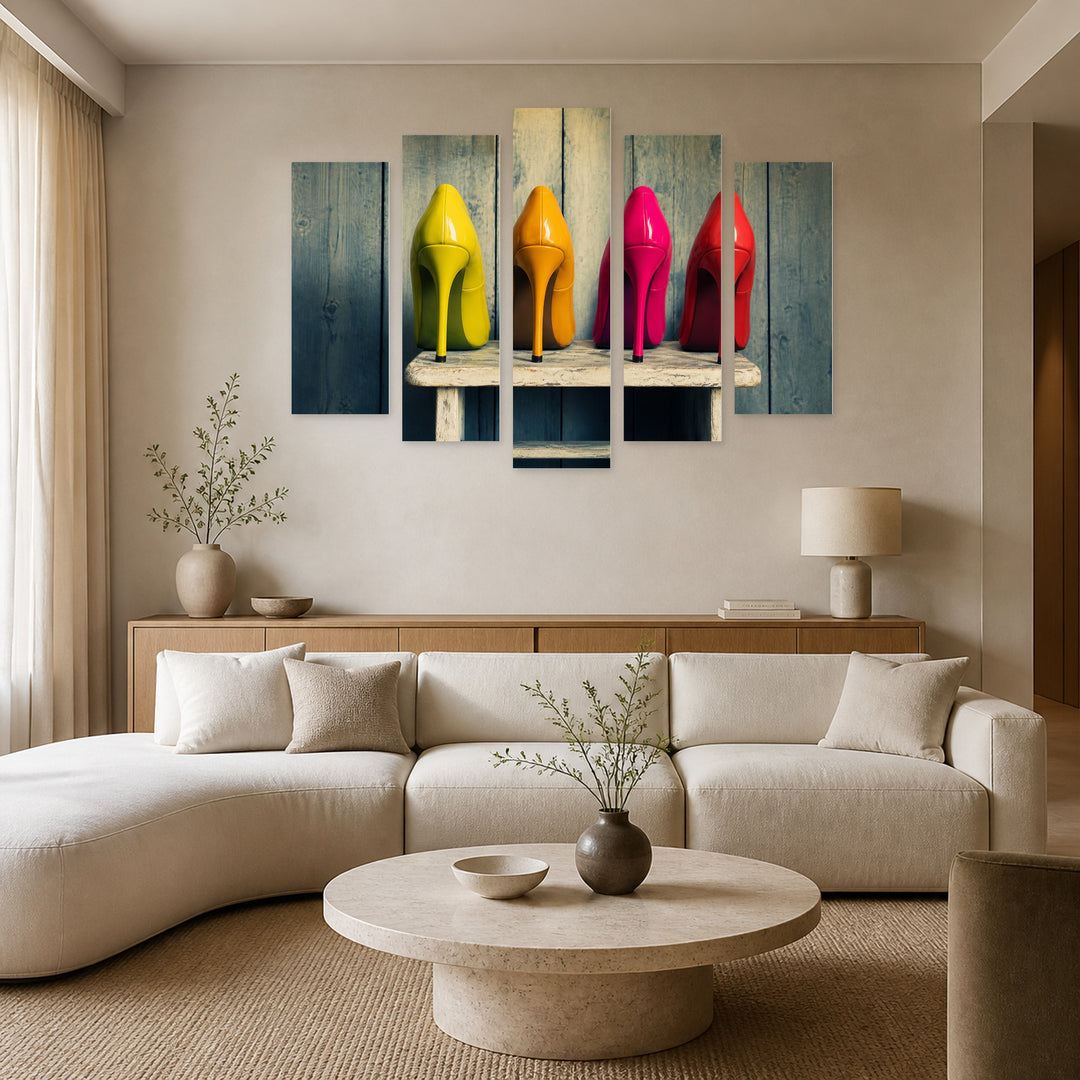 Colorful Shoes at Night — five-panel wall art in frontal interior | 5wallart 57137 M3