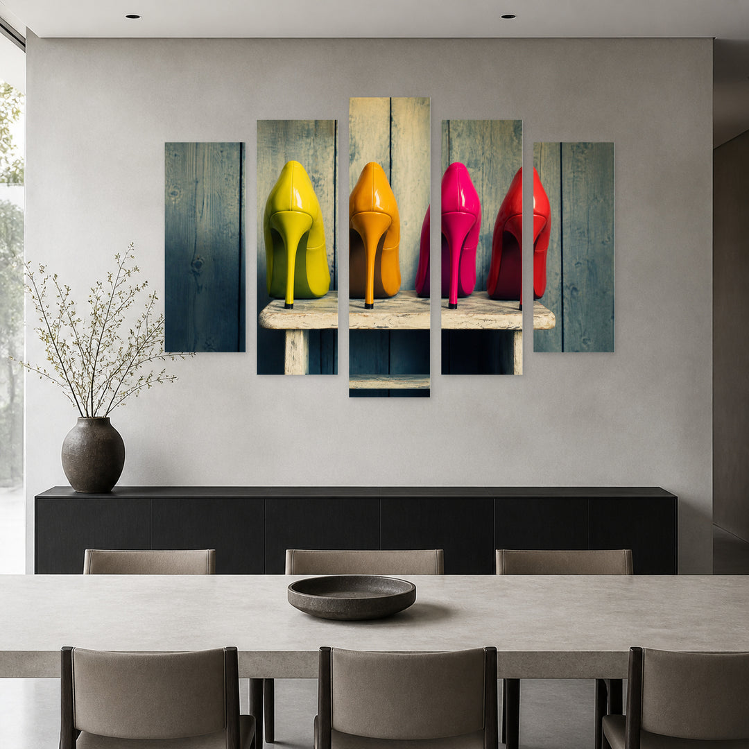 Colorful Shoes at Night — five-panel wall art in alternate frontal interior | 5wallart 57137 M4