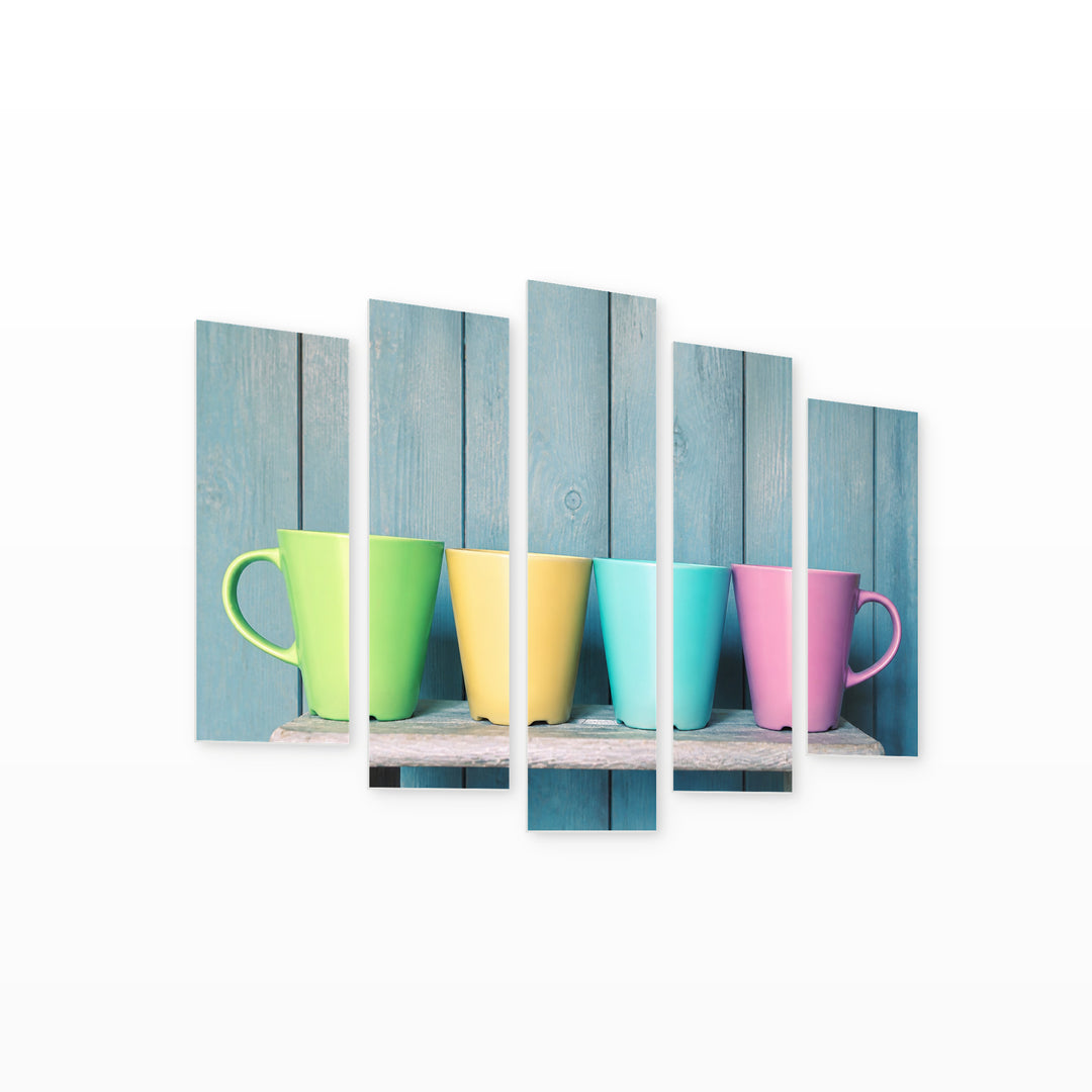 Colorful Cups Modern Composition — five-panel wall art on white background in perspective | 5wallart 57138 M1