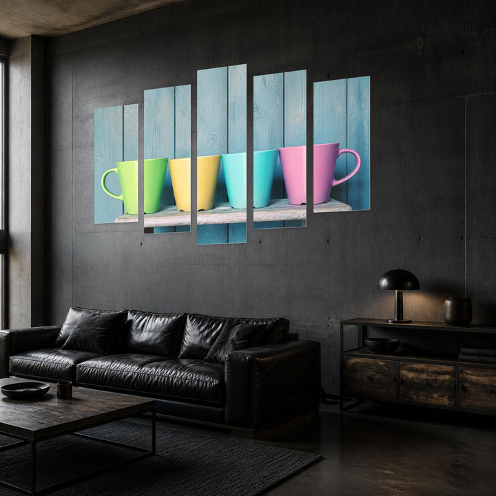 Colorful Cups Modern Composition — five-panel wall art in perspective interior | 5wallart 57138 M2
