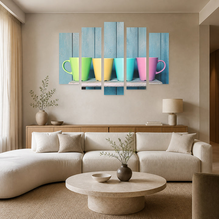 Colorful Cups Modern Composition — five-panel wall art in alternate frontal interior | 5wallart 57138 M4