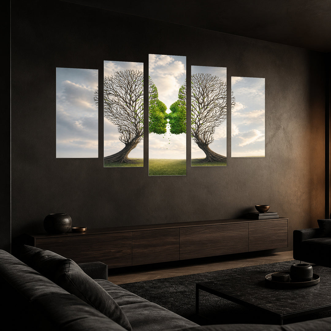 Kissing Trees with Dreamlike Atmosphere — five-panel wall art in perspective interior | 5wallart 57139 M2