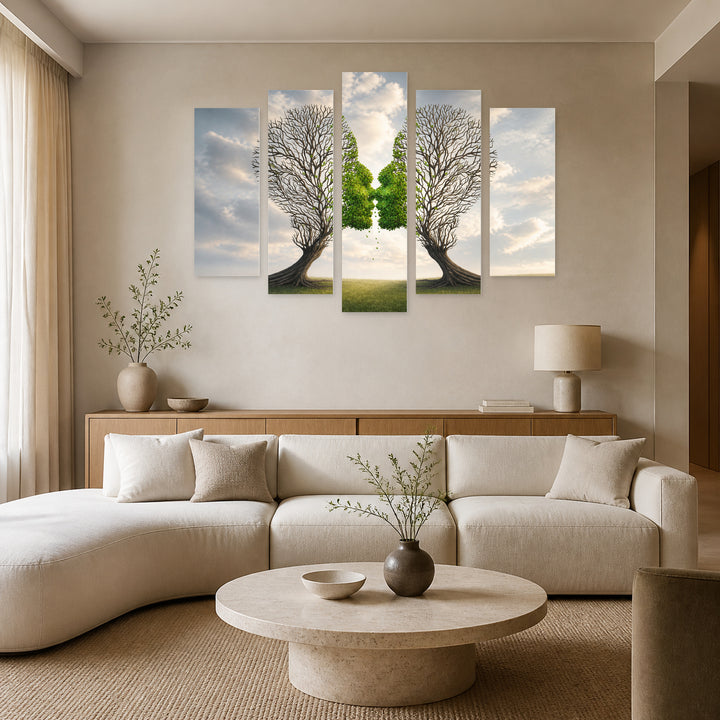Kissing Trees with Dreamlike Atmosphere — five-panel wall art in frontal interior | 5wallart 57139 M3
