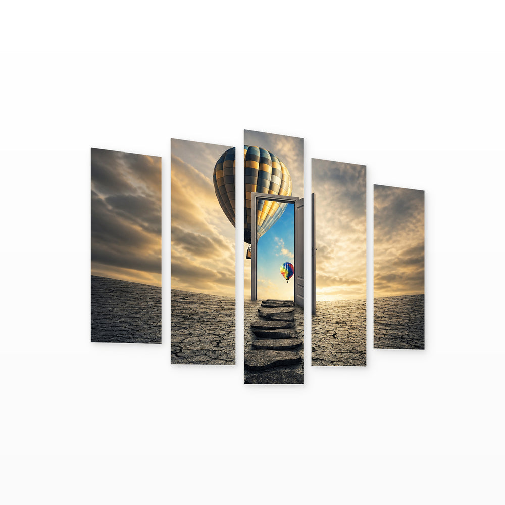 Door to Another World in Blue and Gold — five-panel wall art on white background in perspective | 5wallart 57140 M1