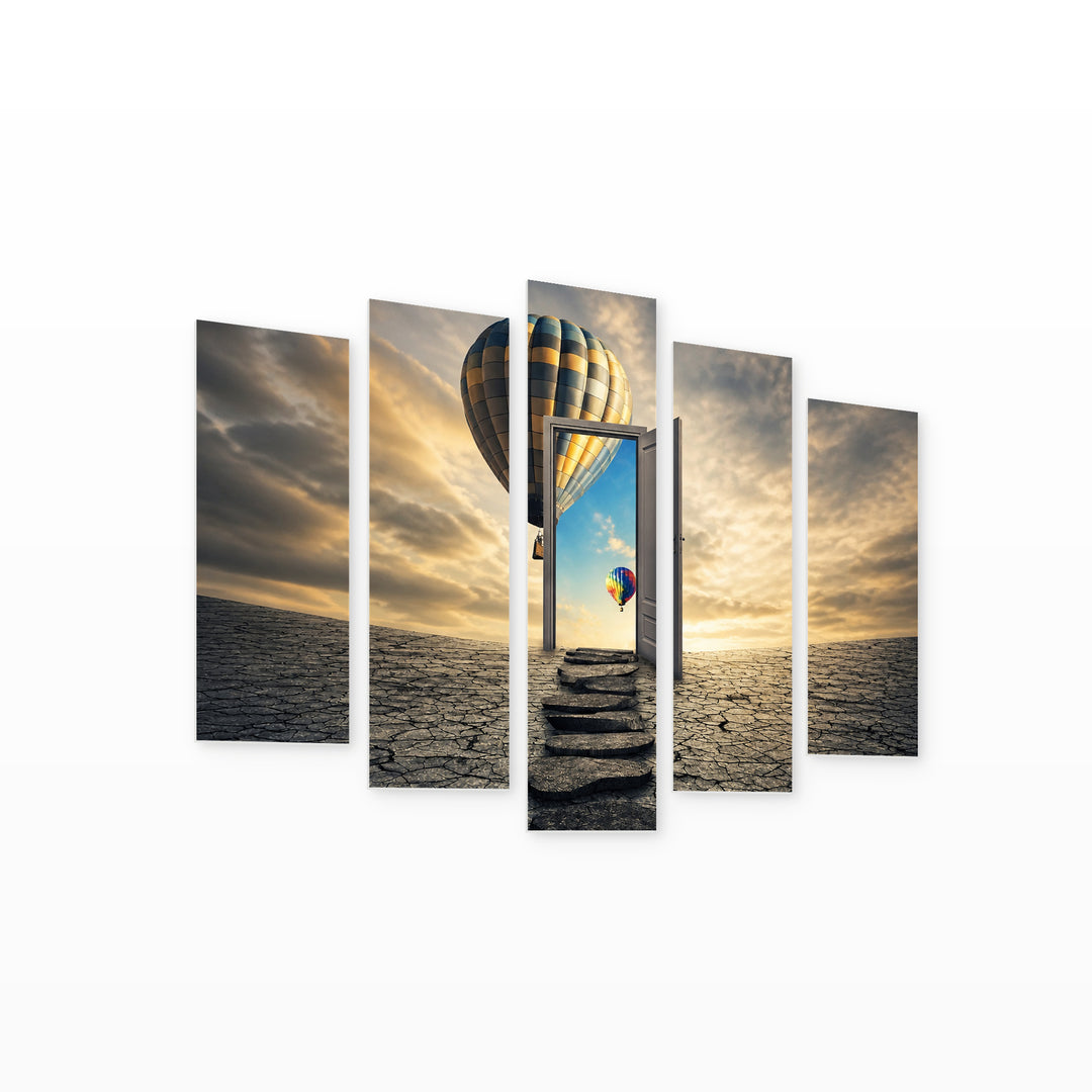 Door to Another World in Blue and Gold — five-panel wall art on white background in perspective | 5wallart 57140 M1