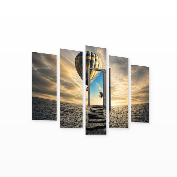 Door to Another World in Blue and Gold — five-panel wall art on white background in perspective | 5wallart 57140 M1