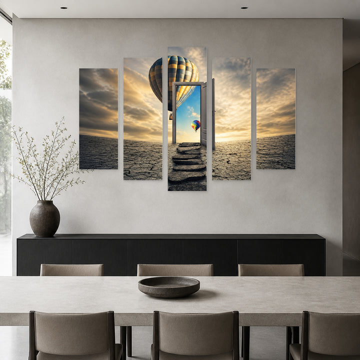Door to Another World in Blue and Gold — five-panel wall art in frontal interior | 5wallart 57140 M3