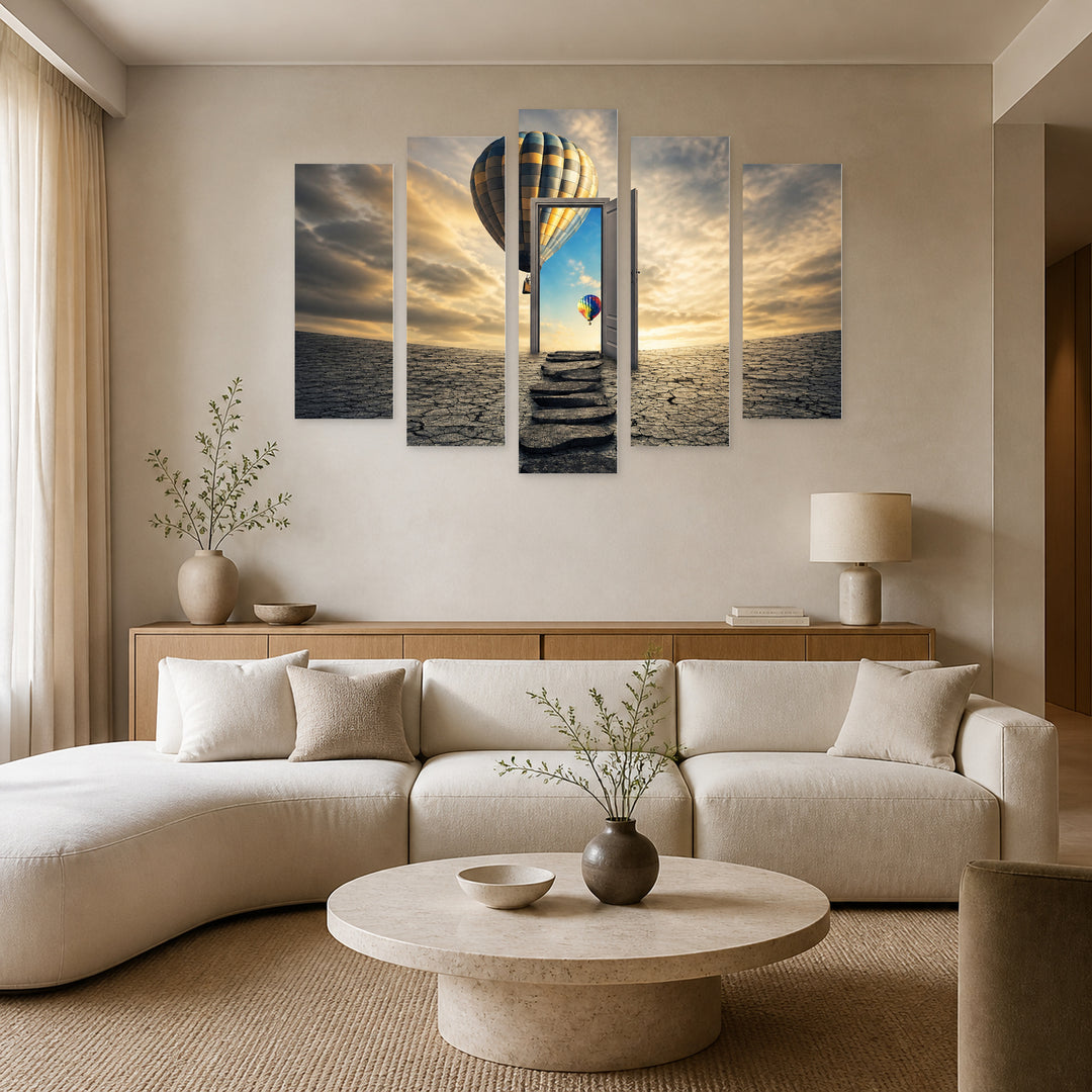 Door to Another World in Blue and Gold — five-panel wall art in alternate frontal interior | 5wallart 57140 M4