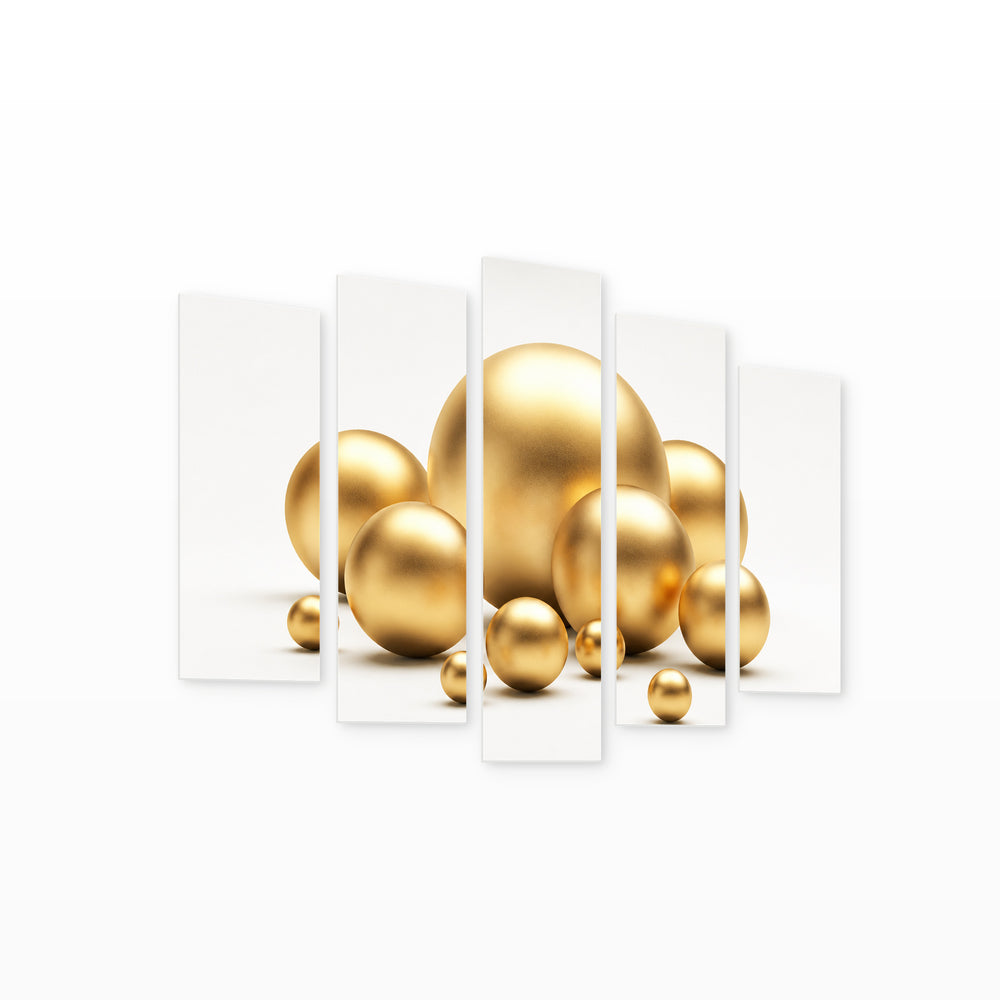 Golden Spheres with Geometric Rhythm — five-panel wall art on white background in perspective | 5wallart 57141 M1