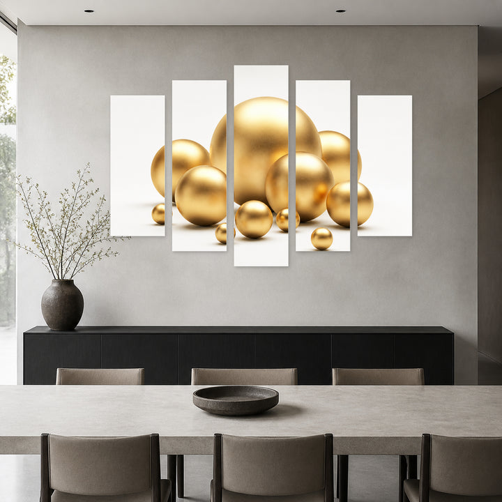 Golden Spheres with Geometric Rhythm — five-panel wall art in alternate frontal interior | 5wallart 57141 M4
