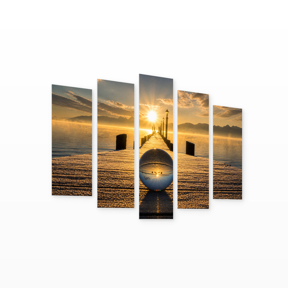Sunrise and Glass Orb with Dreamlike Atmosphere — five-panel wall art on white background in perspective | 5wallart 57142 M1