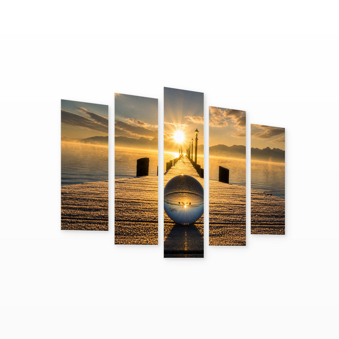 Sunrise and Glass Orb with Dreamlike Atmosphere — five-panel wall art on white background in perspective | 5wallart 57142 M1