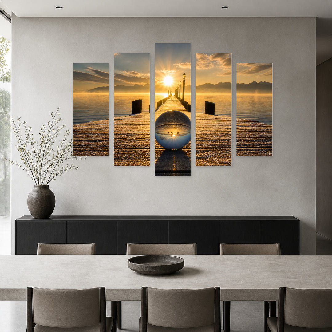 Sunrise and Glass Orb with Dreamlike Atmosphere — five-panel wall art in frontal interior | 5wallart 57142 M3