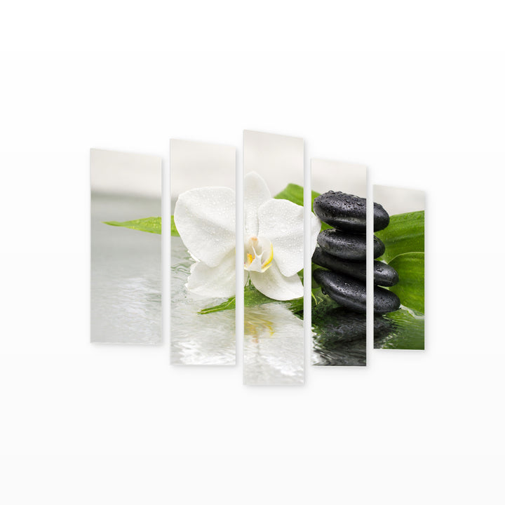 White Orchid, Black Stones, with Geometric Rhythm — five-panel wall art on white background in perspective | 5wallart 57143 M1