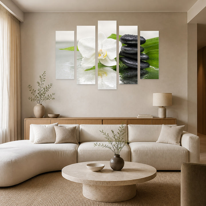 White Orchid, Black Stones, with Geometric Rhythm — five-panel wall art in frontal interior | 5wallart 57143 M3