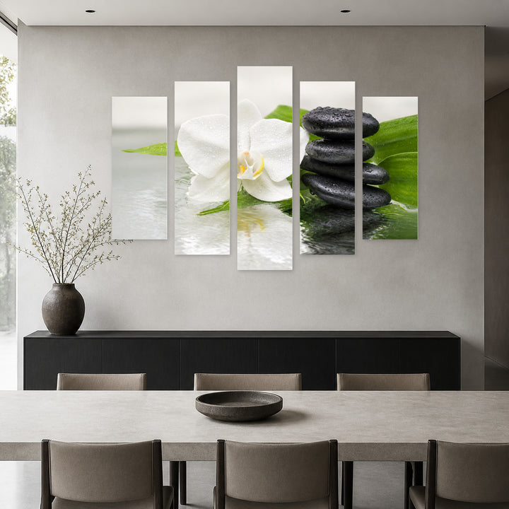 White Orchid, Black Stones, with Geometric Rhythm — five-panel wall art in alternate frontal interior | 5wallart 57143 M4
