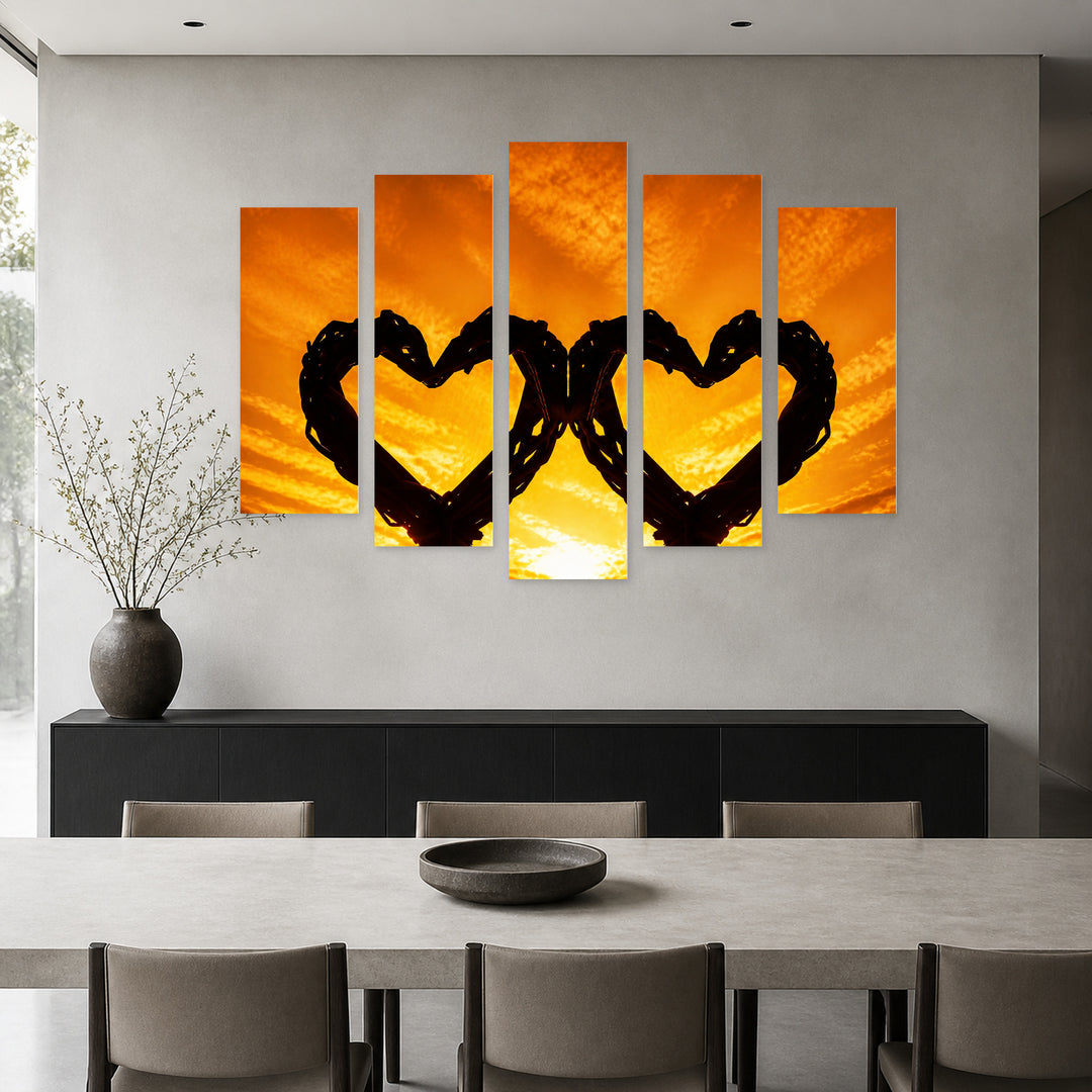Fiery Hearts Modern Composition — five-panel wall art in frontal interior | 5wallart 57144 M3