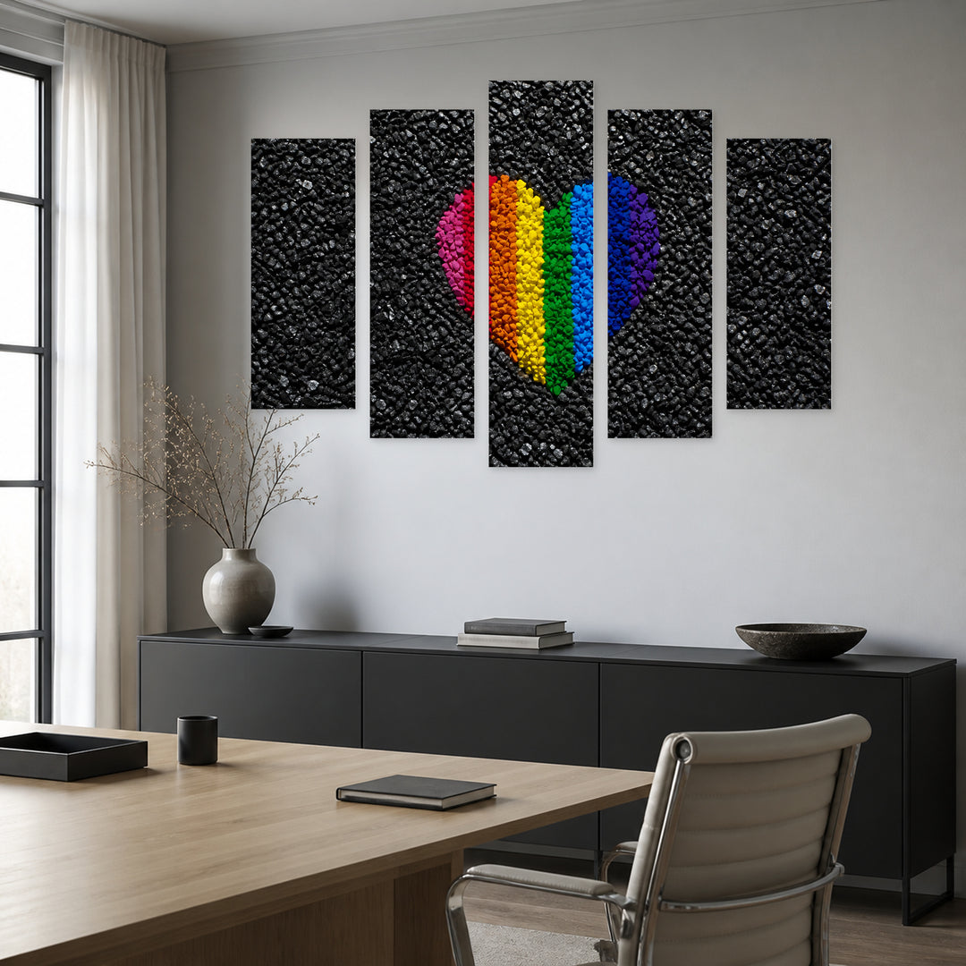 Colorful Heart with Dramatic Contrast — five-panel wall art in frontal interior | 5wallart 57148 M3