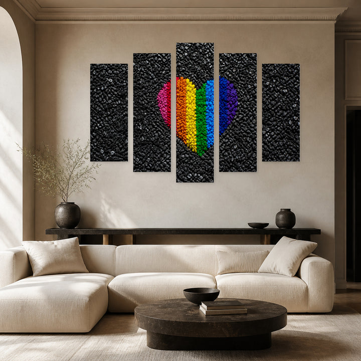 Colorful Heart with Dramatic Contrast — five-panel wall art in alternate frontal interior | 5wallart 57148 M4