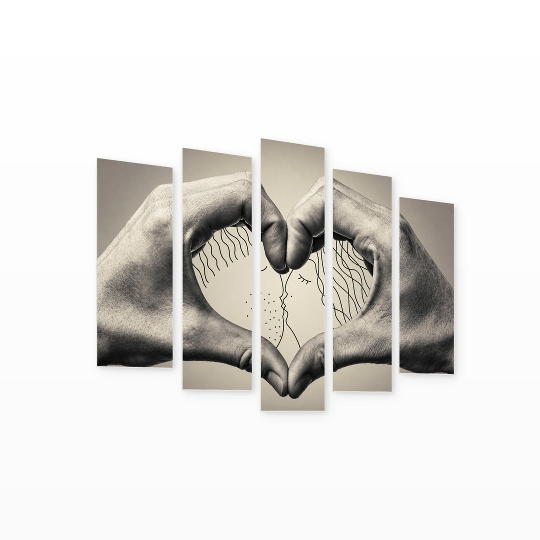 Kissing Heart with Geometric Rhythm — five-panel wall art on white background in perspective | 5wallart 57151 M1