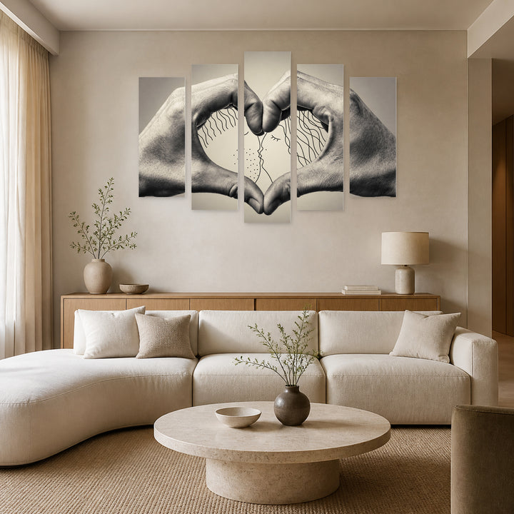 Kissing Heart with Geometric Rhythm — five-panel wall art in frontal interior | 5wallart 57151 M3