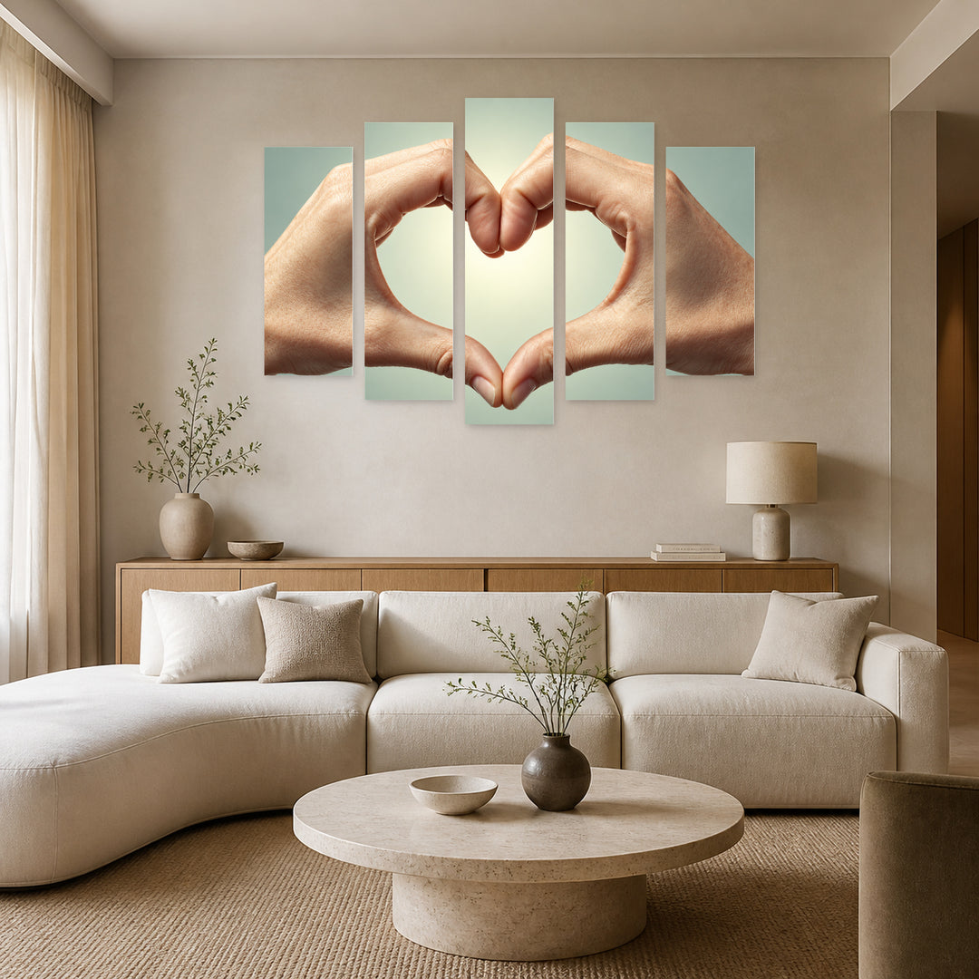 Heart Made of Hands Modern Composition — five-panel wall art in alternate frontal interior | 5wallart 57152 M4