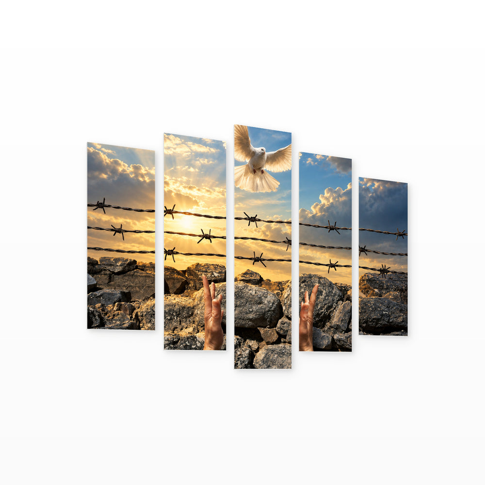 Freedom in Blue and Gold — five-panel wall art on white background in perspective | 5wallart 57154 M1