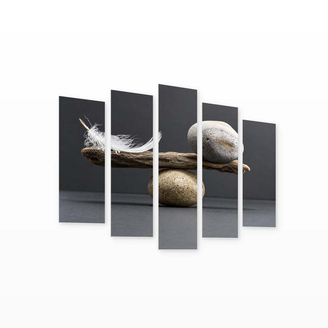 Feather and Stone with Geometric Rhythm — five-panel wall art on white background in perspective | 5wallart 57156 M1