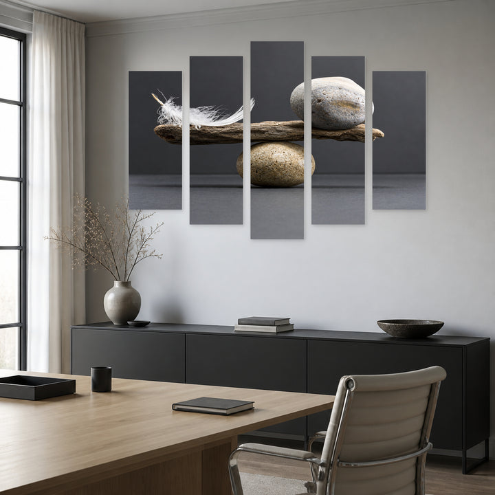 Feather and Stone with Geometric Rhythm — five-panel wall art in frontal interior | 5wallart 57156 M3